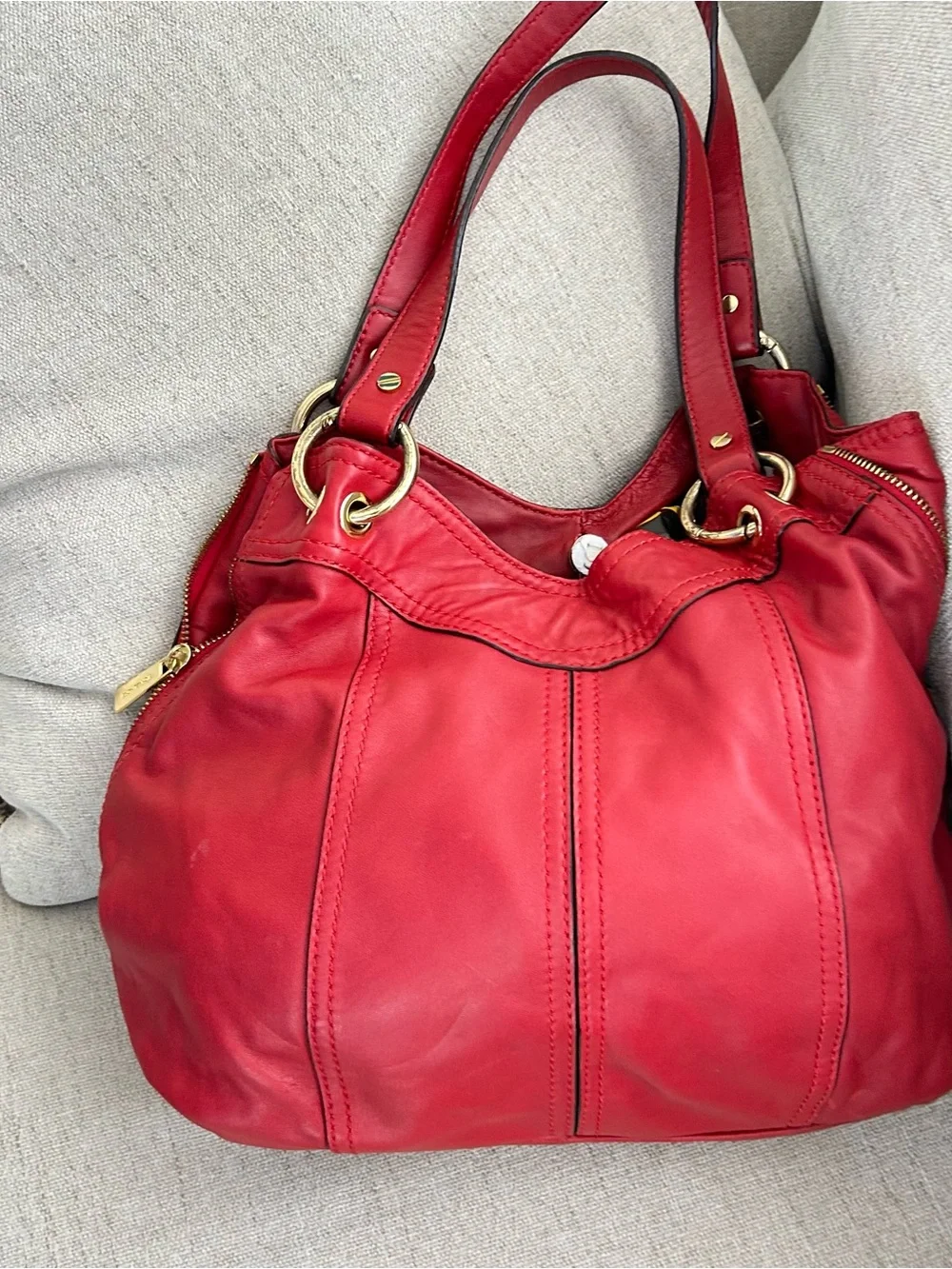 Michael Kors Red Leather Hobo Shoulder Bag with Gold Accents